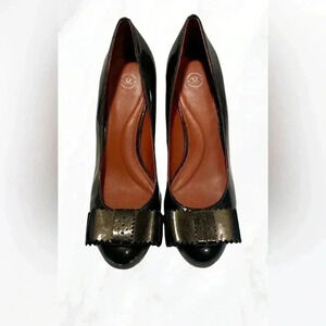 Johnston & Murphy stylish wedge bow detail round toe  green patent leather 7/8